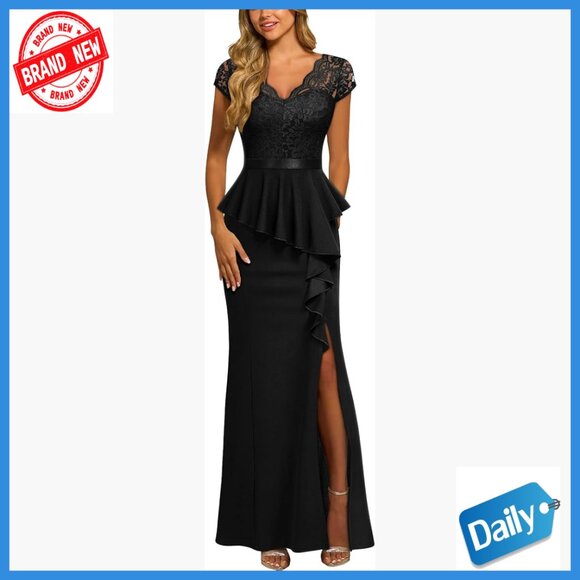 Floral Lace Ruffle Split Cocktail Party Long Dress Size Small